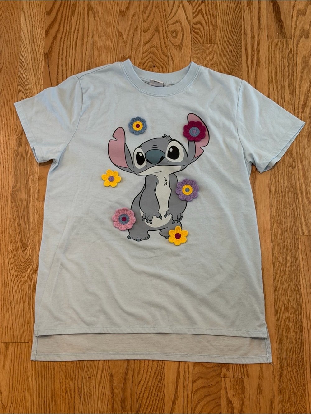 Light Blue Stitch Graphic Tee with Floral Appliqués